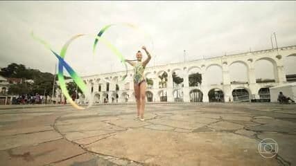 Seleção Brasileira de Ginástica Rítmica revela collants inspirados em músicas para o Mundial.; Legenda da imagem. Reprodução: Globo