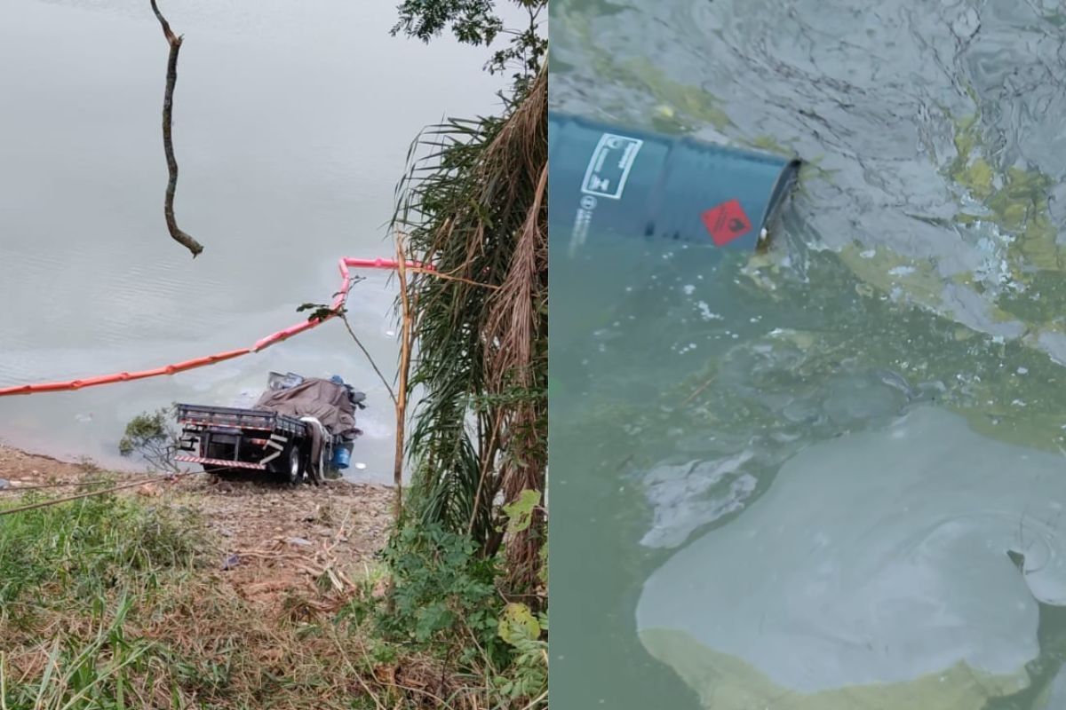 Caminhão que transportava família cai em represa na Grande Curitiba com 5 mil litros de material tóxico. Reprodução: G1