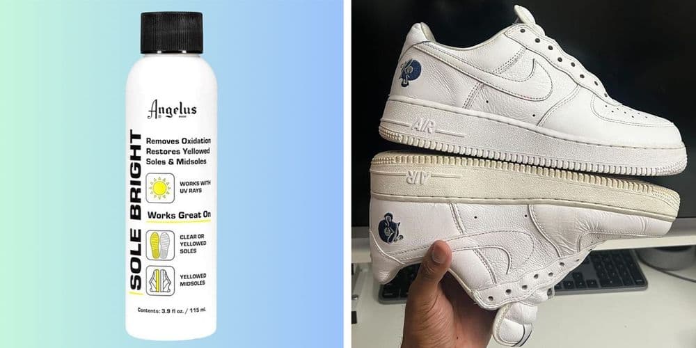 Comparação entre tênis tratados com Angelus Sole Bright e não tratados. Reprodução: Business Insider