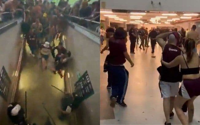Briga entre torcedores do Lanús no setor Norte do Maracanã paralisa jogo Fluminense x Lanús; intervenção policial. Legenda da imagem. Reprodução: LIBERTA DEPRE