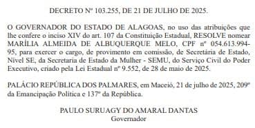 Marília Albuquerque assume a recém-criada Secretaria da Mulher no governo de Paulo Dantas. Reprodução: Redação