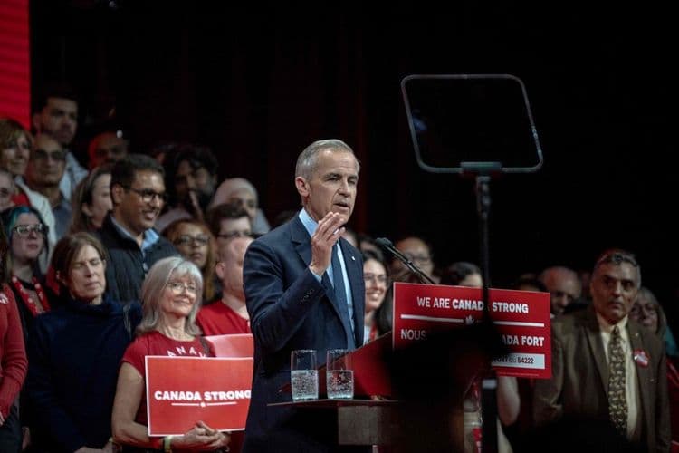 Mark Carney discursa após reverter tendência negativa em sua liderança. Reprodução: Globo