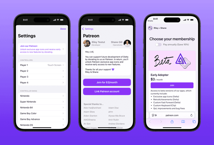 Emulador Delta busca apoio financeiro no Patreon após decisão judicial sobre a Apple. Reprodução: TechCrunch