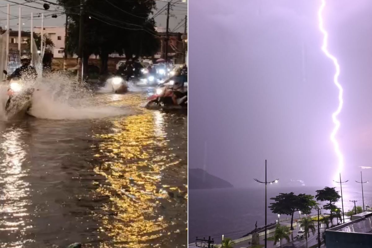 Temporal forte provoca alagamentos e transtornos na Baixada Santista.. Reprodução: G1