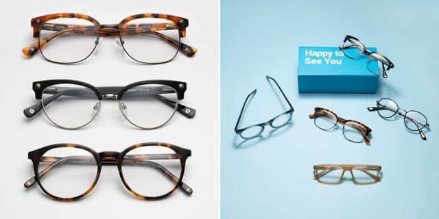 Duas pessoas exibem óculos da GlassesUSA em destaque. Reprodução: Business Insider