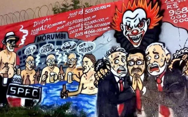 [Muros do Morumbi exibem protestos contra a diretoria]. Reprodução: Esporte