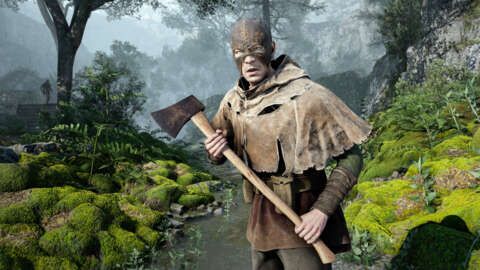 Personagem de Atomfall, jogo de ação, com um machado em um ambiente pós-apocalíptico.