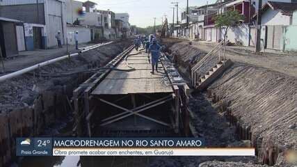 Obras de macrodrenagem do Rio Santo Amaro são retomadas em Guarujá, SP.; Reprodução: Globo