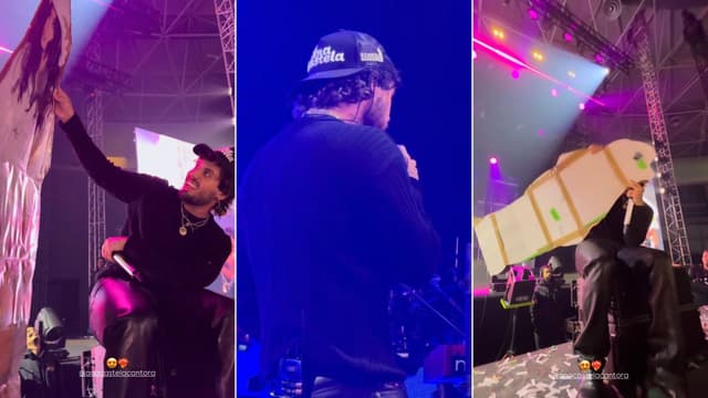 [Zé Felipe beija a figura de papelão de Ana Castela durante show em Portugal]. Reprodução: Gshow