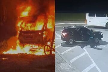 Carro suspeito de ter sido usado na execução do delegado Ruy Ferraz Fontes é encontrado em chamas em Praia Grande. Legenda da imagem. Reprodução: Retorno do item 11