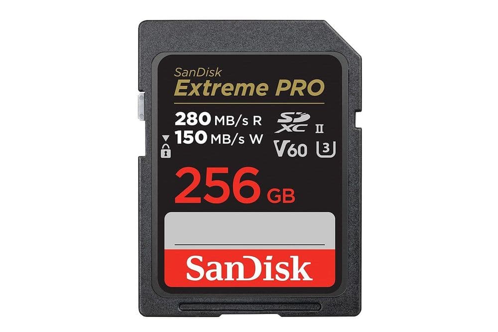 Cartão de memória SanDisk 256GB Extreme PRO permite gravação em 6K e transferências rápidas. Reprodução: Gizmodo