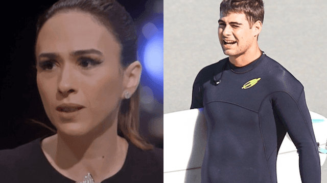 Rafael Vitti surfando na praia de Joatinga enquanto Tatá Werneck faz piada sobre sua roupa. Legenda da imagem. Reprodução: Terra