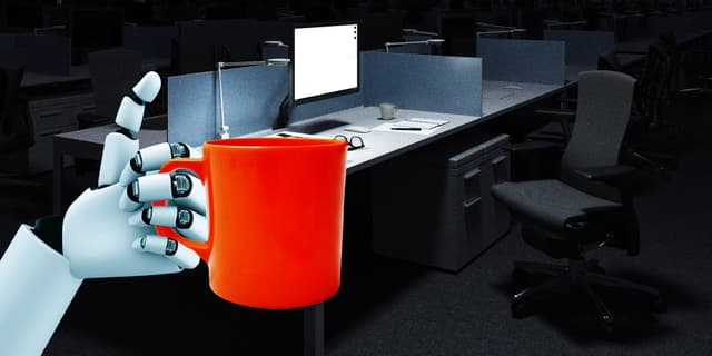 Mão de robô segurando uma xícara em um escritório, destacando IA em treinamento com profissionais de finanças. Legenda da imagem. Reprodução: Retorno do item 11