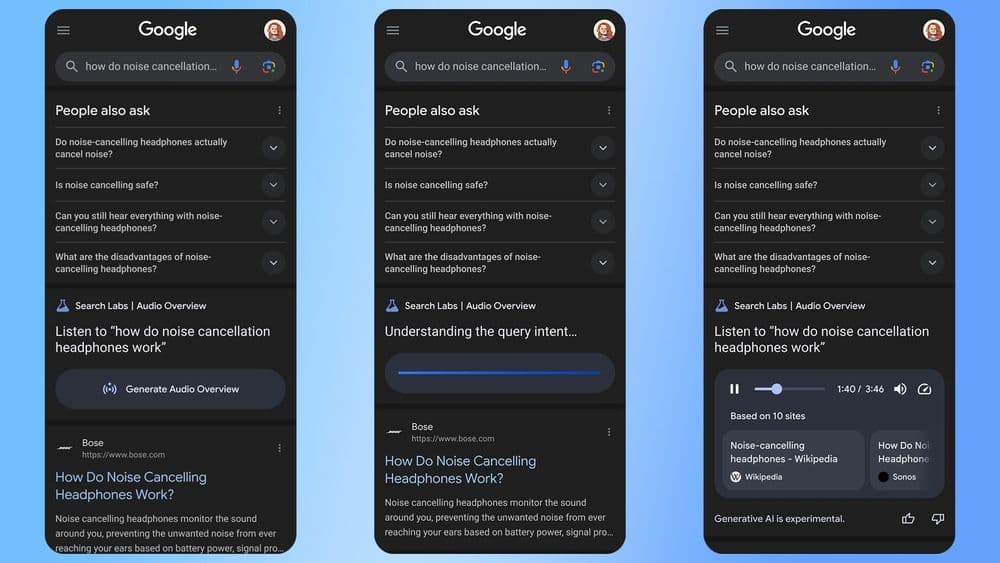 Google testa novos recursos de áudio nas pesquisas, com resumos gerados por IA. Reprodução: Ars Technica