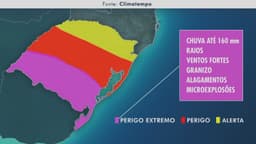 Rio Grande do Sul em alerta para tempestades e chuvas intensas nesta sexta-feira. Reprodução: Globo.