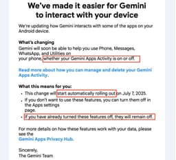 Email do Google informa sobre acesso do Gemini a aplicativos de terceiros no Android.; Reprodução: Ars Technica
