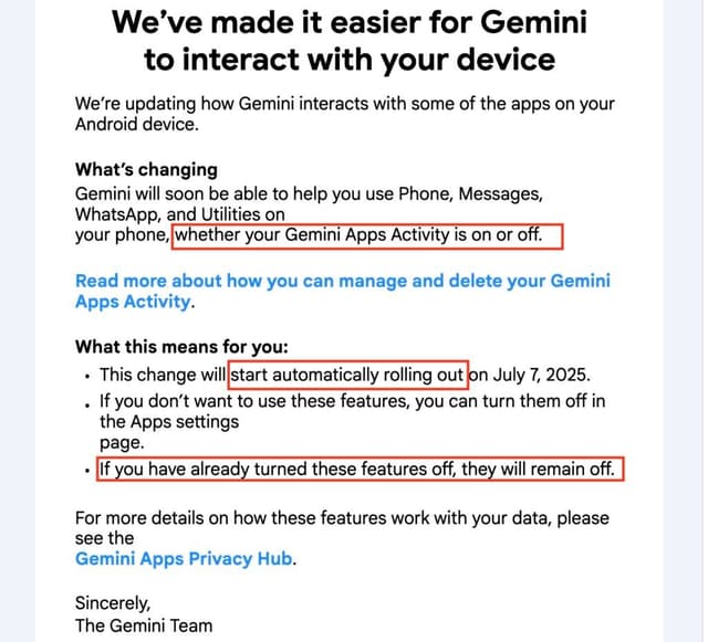Email do Google informa sobre acesso do Gemini a aplicativos de terceiros no Android.; Reprodução: Ars Technica