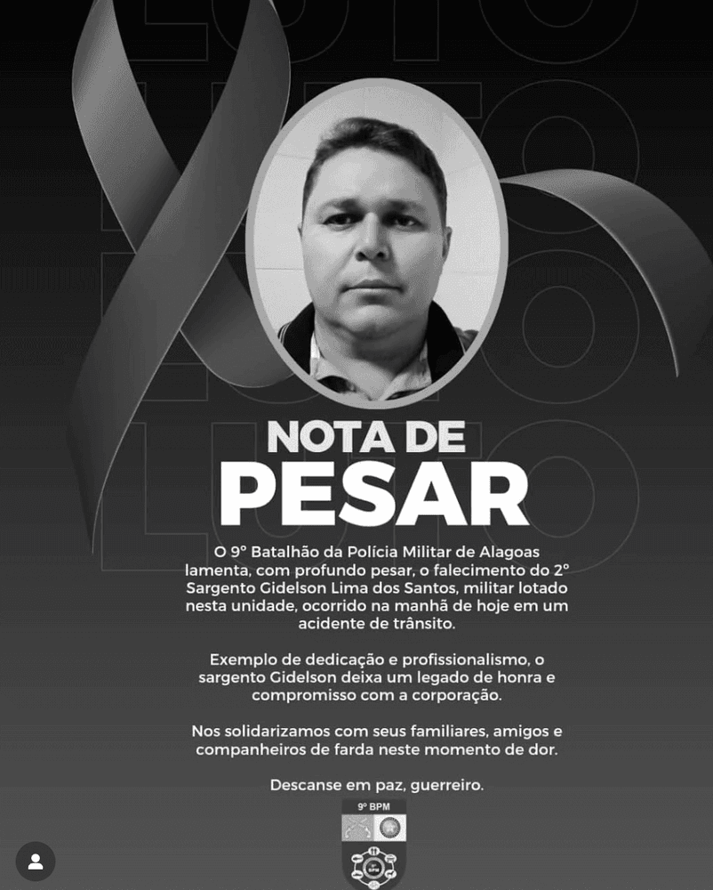 Sargento da Polícia Militar de Alagoas, Gidelson Lima, morre em acidente de carro no Sertão. Reprodução: Redação