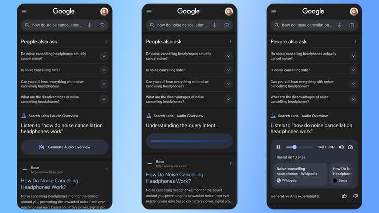 Google testa novos recursos de áudio nas pesquisas, com resumos gerados por IA. Reprodução: Ars Technica