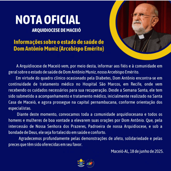 Dom Antônio Muniz é transferido para tratamento em Recife devido a complicações de saúde. Reprodução: Redação
