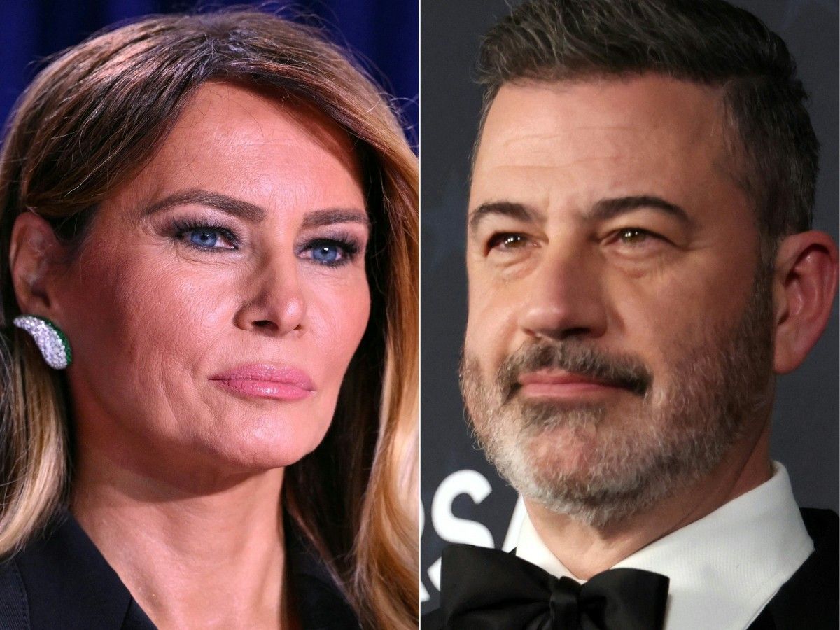 Montagem com close de Melania Trump e Jimmy Kimmel em eventos distintos.