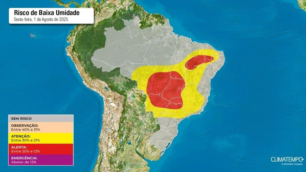 Mato Grosso do Sul em alerta máximo por baixa umidade do ar, com níveis abaixo de 20%. Legenda da imagem. Reprodução: Globo
