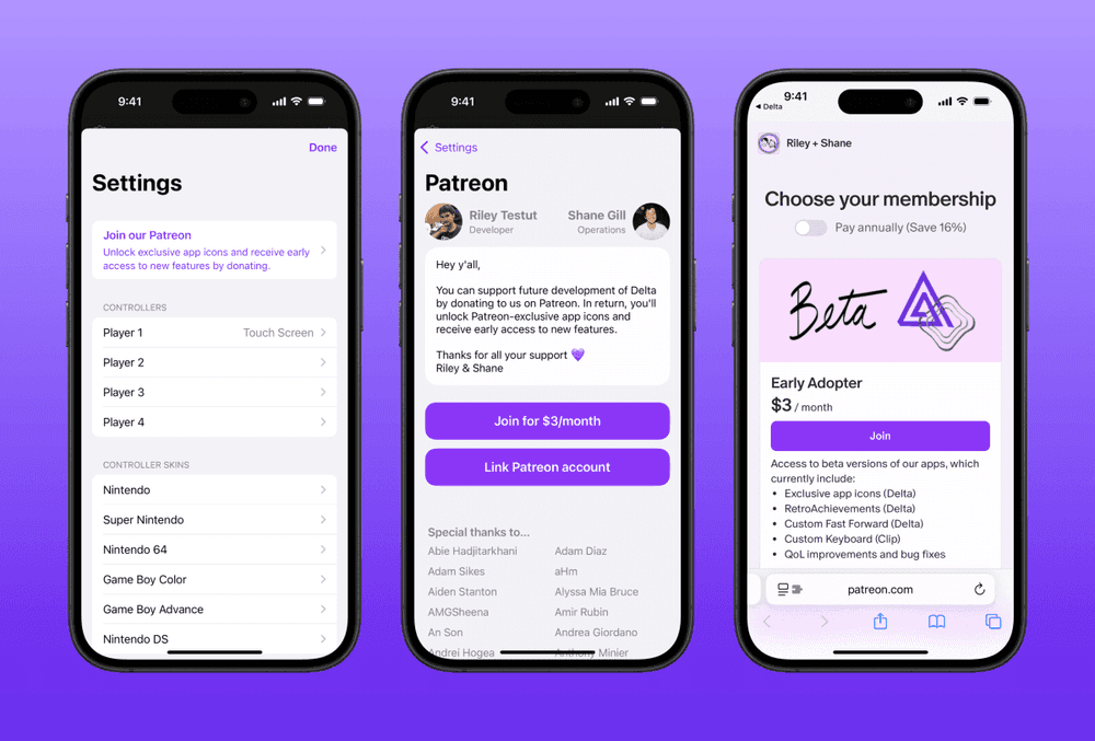 Emulador Delta busca apoio financeiro no Patreon após decisão judicial sobre a Apple. Reprodução: TechCrunch