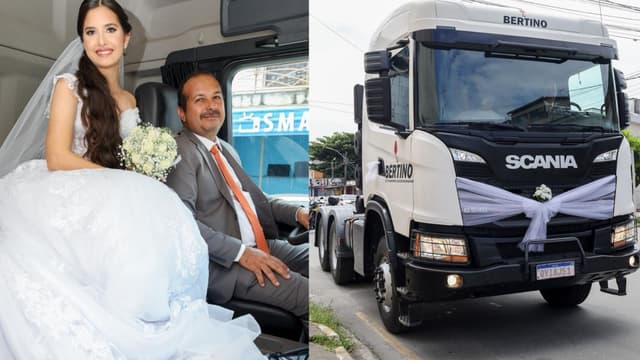 Noiva chega à igreja em caminhão, em homenagem ao pai caminhoneiro. Reprodução: Paulo Olinto/Divulgação
