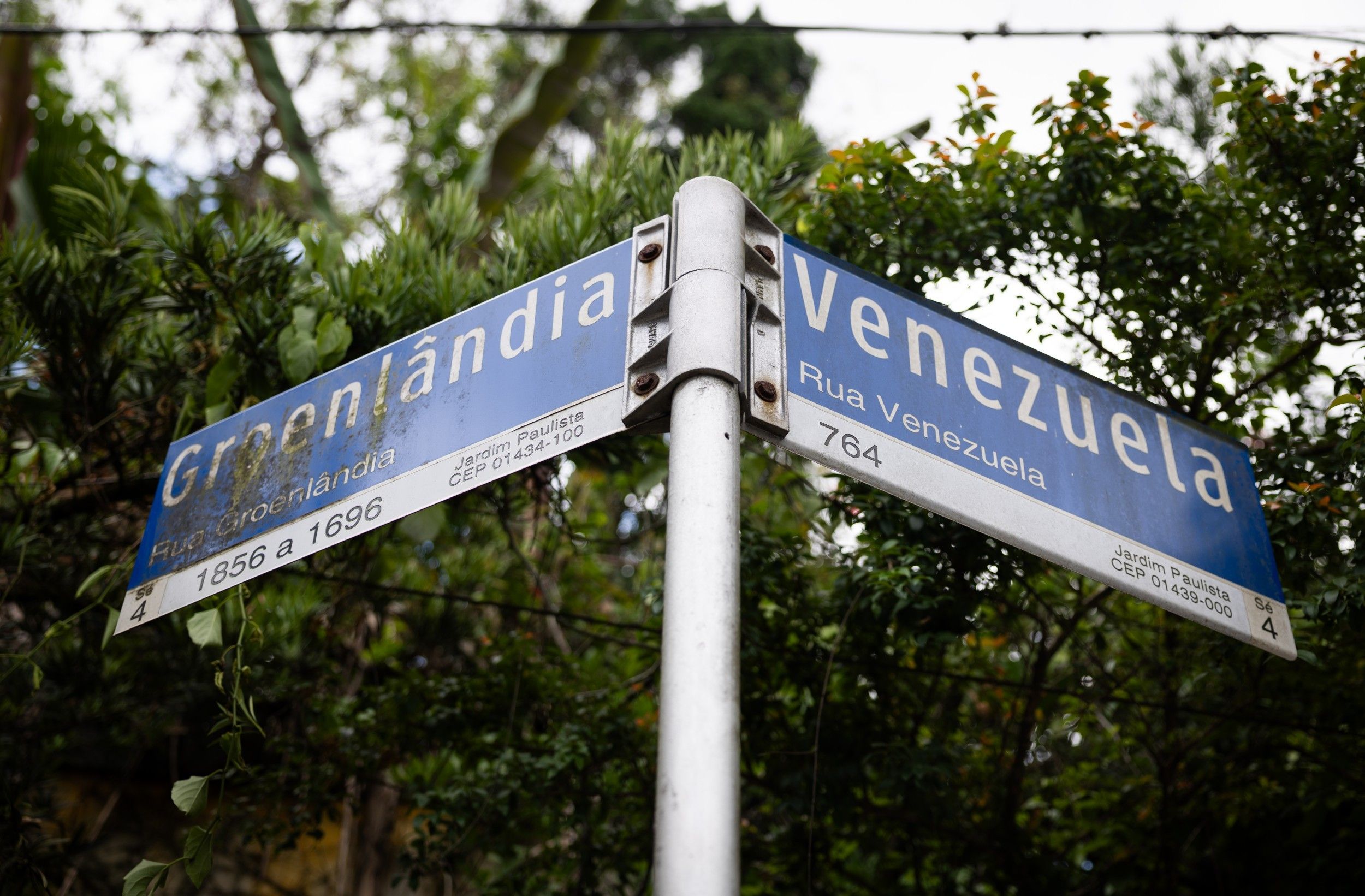 Placas satíricas em SP mostram Groenlândia e Venezuela na mira de Trump. Reprodução: Oglobo