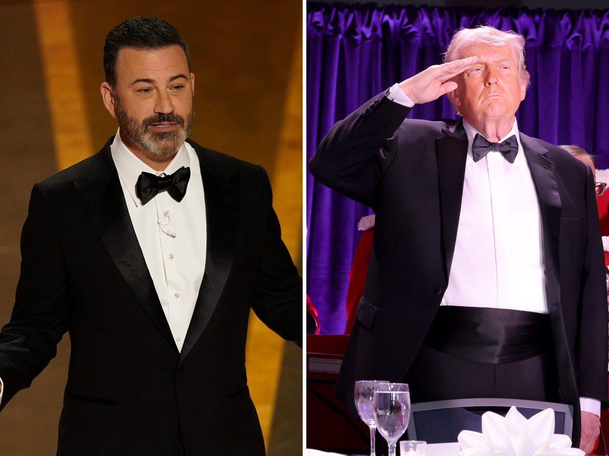 Jimmy Kimmel e Donald Trump em eventos formais, ambos de smoking.