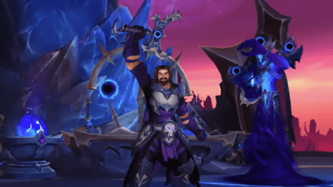 Personagem de World of Warcraft empunha arma em cenário sombrio e mágico.