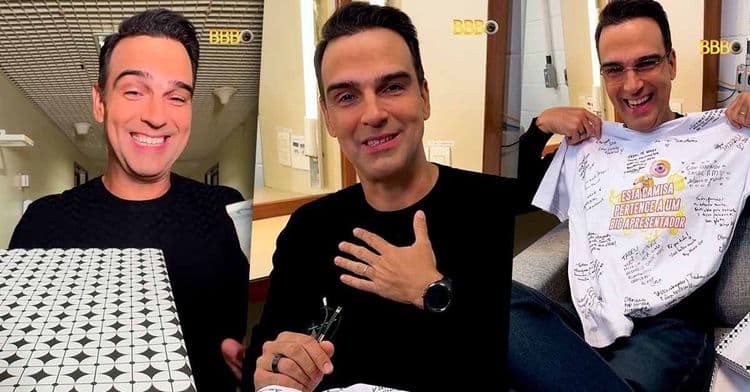 Tadeu Schmidt se emociona com presente surpresa de ex-BBBs durante programa. Reprodução: Globo