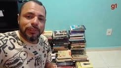 Luciano Ferreira transforma livros encontrados no lixo em uma biblioteca em casa, promovendo a leitura. Reprodução: g1