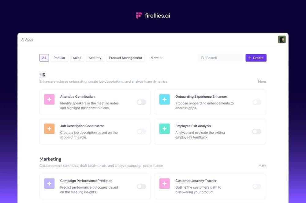 Fireflies.ai lança mini aplicativos para extração de insights de transcrições. Reprodução: TechCrunch