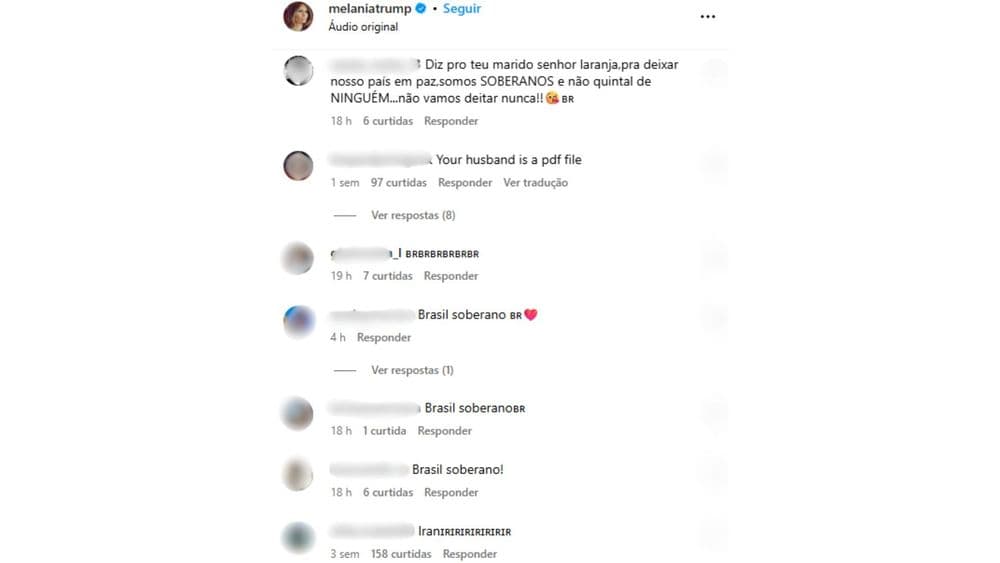 Brasileiros lotam comentários de perfis ligados a Trump em protesto contra taxação de 50%. Legenda da imagem. Reprodução: Globo