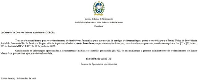 Diretor de Investimentos do Rioprevidência é exonerado diante do escândalo do Banco Master.. Reprodução: Oglobo