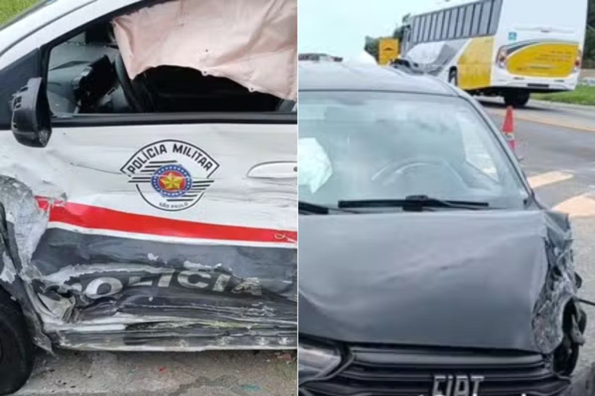 [Carro invade contramão e acerta viatura da PM no litoral de SP]. Reprodução: G1
