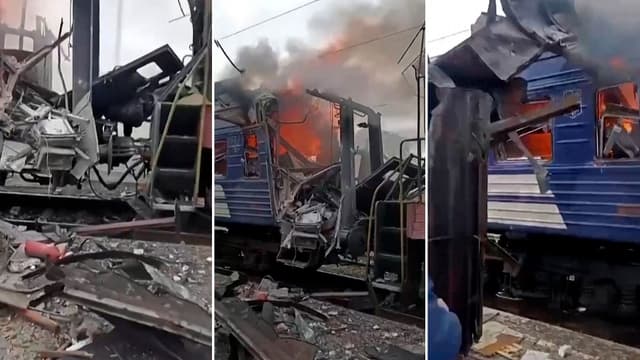 Ataque com drone russo atinge trem de passageiros na Ucrânia, deixando cerca de 30 feridos. Reprodução: Globo