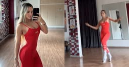 Ex-BBB treina cedo com macacão vermelho; Gabi samba após a sessão.. Reprodução: GShow