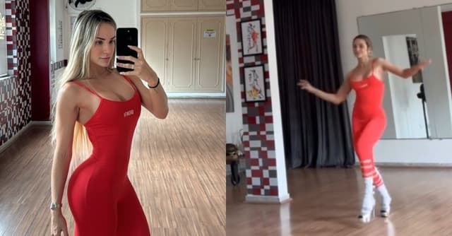 Ex-BBB treina cedo com macacão vermelho; Gabi samba após a sessão.. Reprodução: GShow