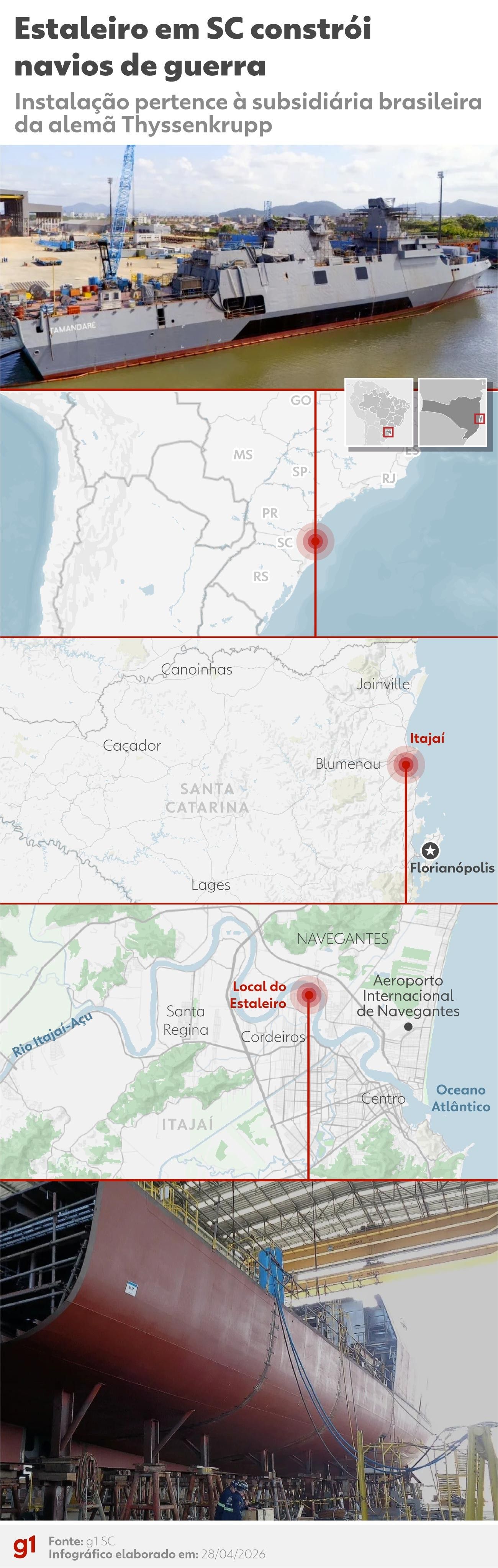 Mapa destaca estaleiros de SC para navios de guerra.. Reprodução: G1