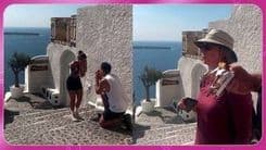 Casal filma pedido de casamento em Santorini, mas idosos invadem o momento inesperadamente. Reprodução: Globo