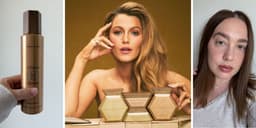 Blake Lively posa com produtos da Blake Brown; autora da matéria aparece em selfie ao lado. Reprodução: Retorno do item 11