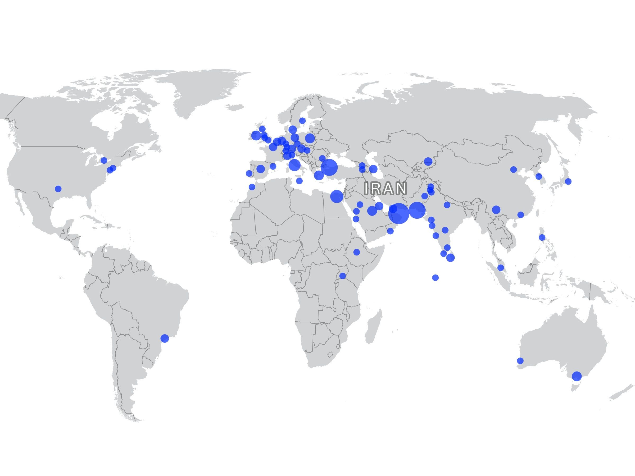 Mapa de desvios de voos após ataques no Irã.. Reprodução: Businessinsider