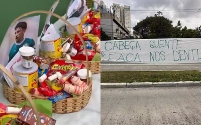 Torcedores do Palmeiras fazem protesto inusitado com cestas de guloseimas antes do Dérbi. Reprodução: site do autor.