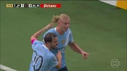 Haaland em ação pelo Manchester City em jogo contra a Juventus. Reprodução: Globo