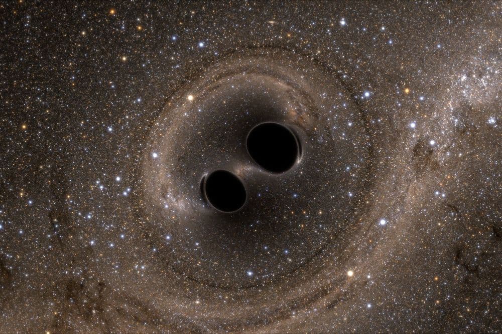 Cientistas registram a fusão de buracos negros, formando um com 225 vezes a massa do Sol.; Reprodução: Gizmodo
