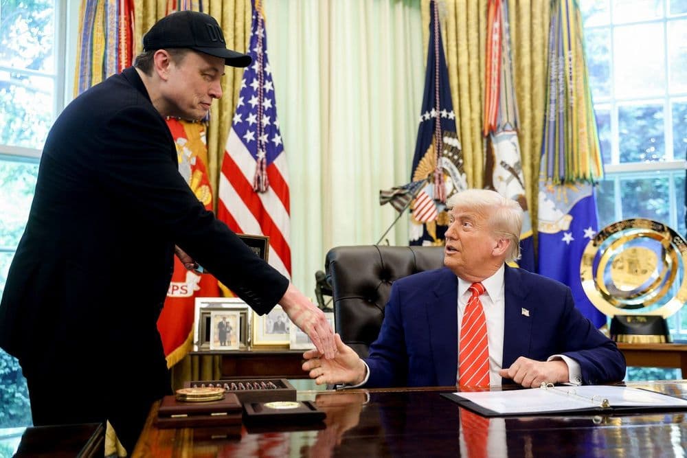 Elon Musk e Donald Trump se encontram no Salão Oval da Casa Branca. Reprodução: Gizmodo