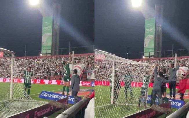 Jogadores param jogo entre SP e Chape para consertar a rede de gol que caiu. Reprodução: Esporte