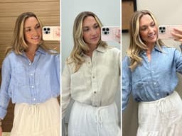 Chloe testa diferentes camisas em lojas da Gap Inc., destacando a opção da Old Navy como a melhor escolha. Reprodução: Chloe Caldwell
